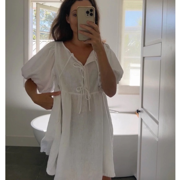 Marlow & Mae Markets Tie Puff Sleeve Linen Babydoll Mini Dress AU XXS US 0-2 NEW - Picture 4 of 10